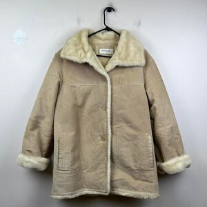 Jones New York Sport Beige Suede Leather Jacket Coat White Faux Fur Size M